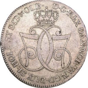 Christian VII, Speciedaler 1777, Altona, H 11D, FP 40.2, variant DUX, 1+, små spor efter forgyldning på revers - sjælden.